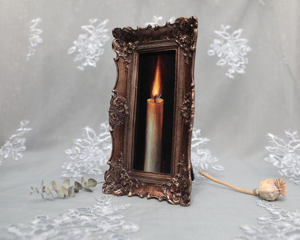 Side angle of long narrow bronze frame with candle flame painting print
0.jpg — Close-up of candle flame still life print in long narrow bronze frame