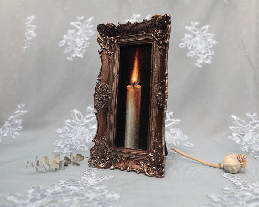Side angle of long narrow bronze frame with candle flame painting print
0.jpg — Close-up of candle flame still life print in long narrow bronze frame
