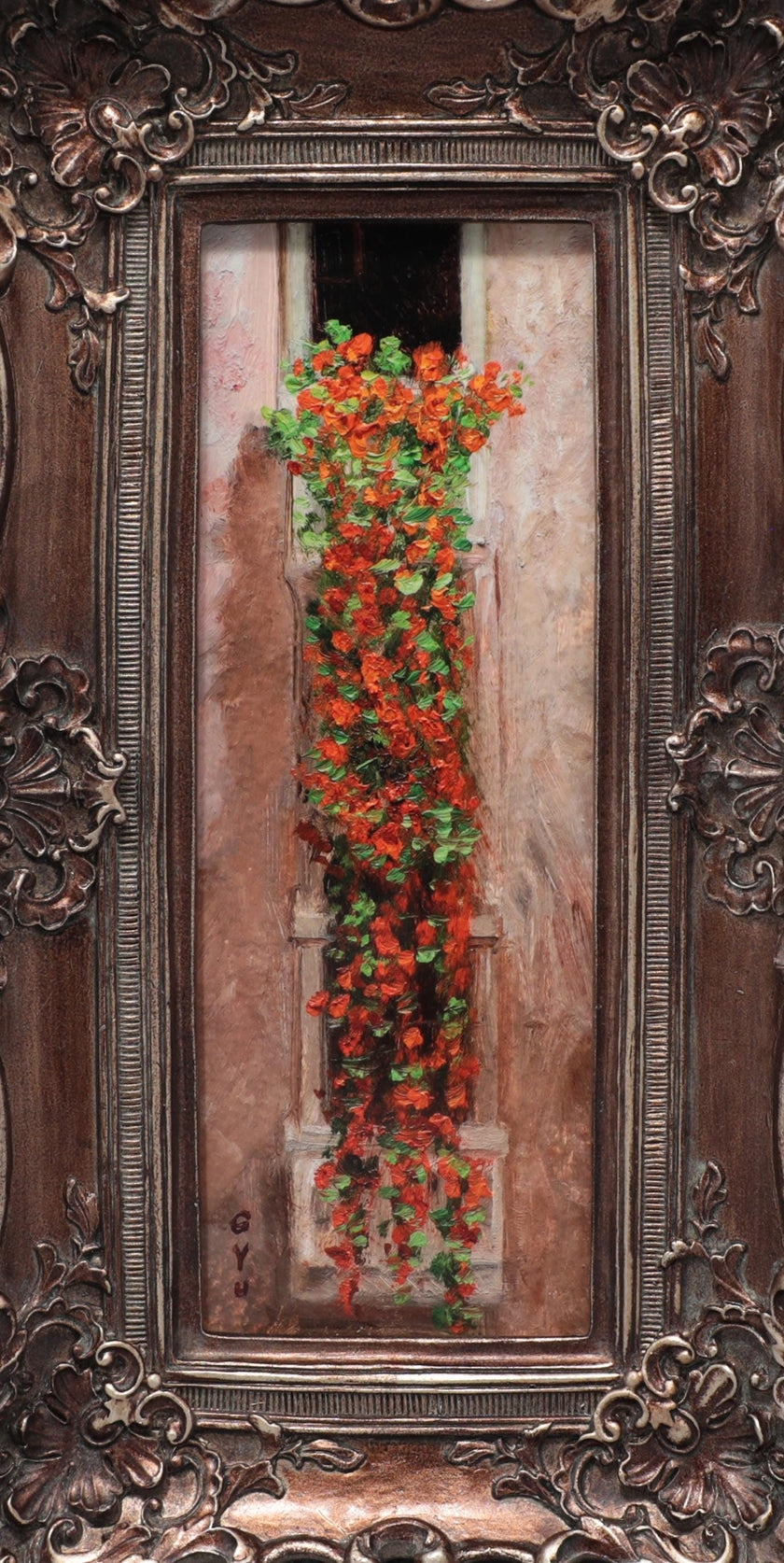 Close-up of cascading nasturtium print in long elongated bronze frame