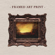 Framed sunset landscape art print on beige background with title text