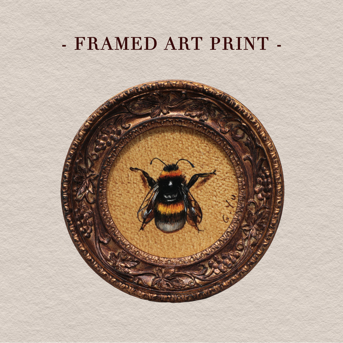 Framed bumblebee art print on beige background with title text overlay