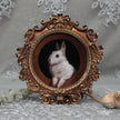 Framed bunny art print in round Baroque gilt frame, front view