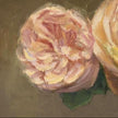 A close up of the oil painting of two pale pink and cream roses with green leaves on a dark brown background