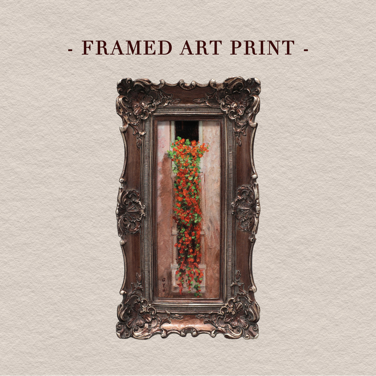 Long framed nasturtium art print on beige background with title