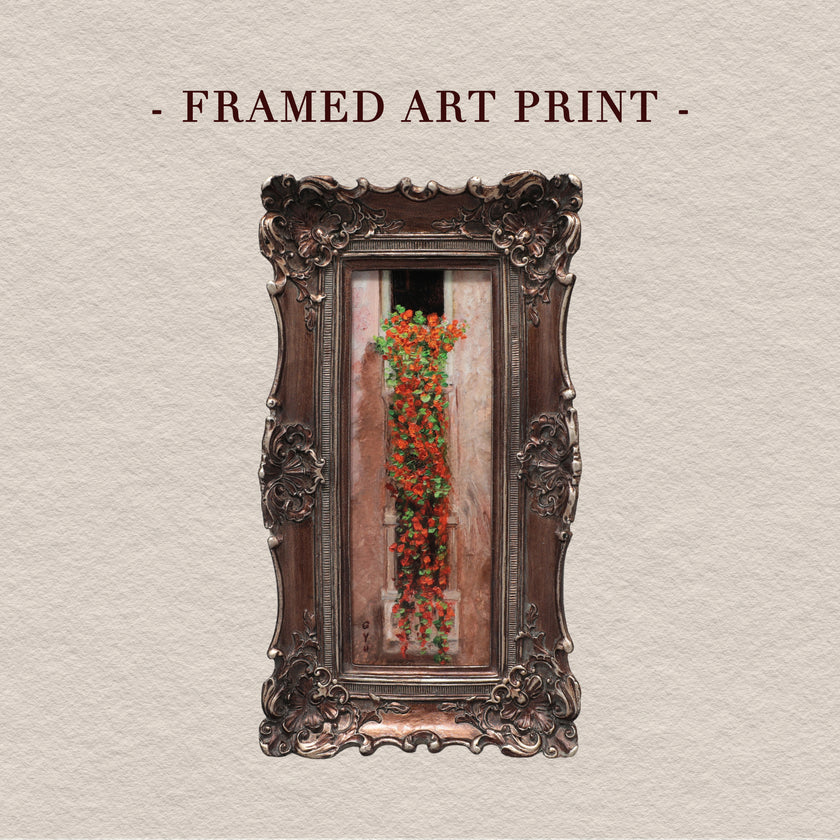Long framed nasturtium art print on beige background with title