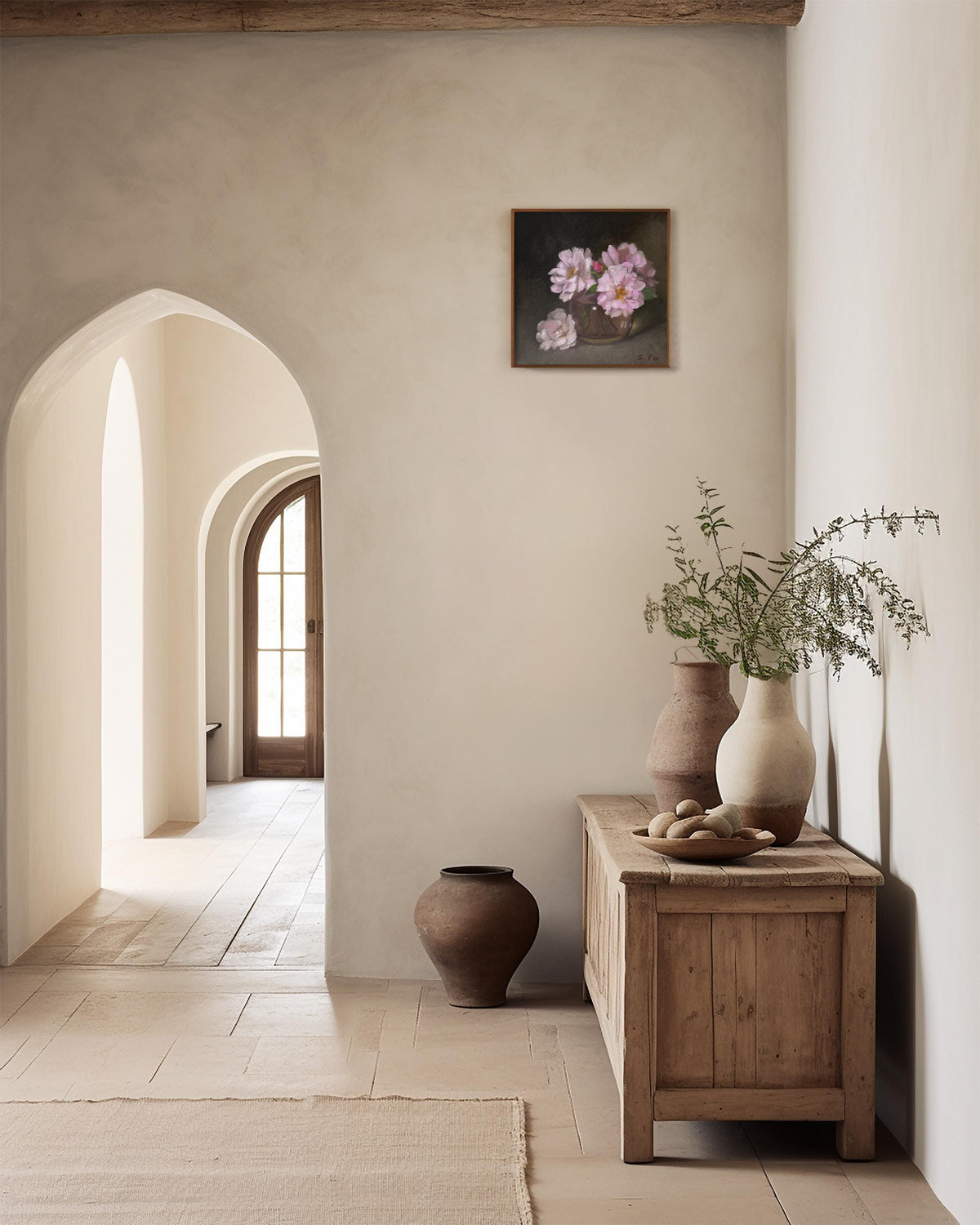 Mock up of this pink roses in a vase painting in a cozy warm room. 