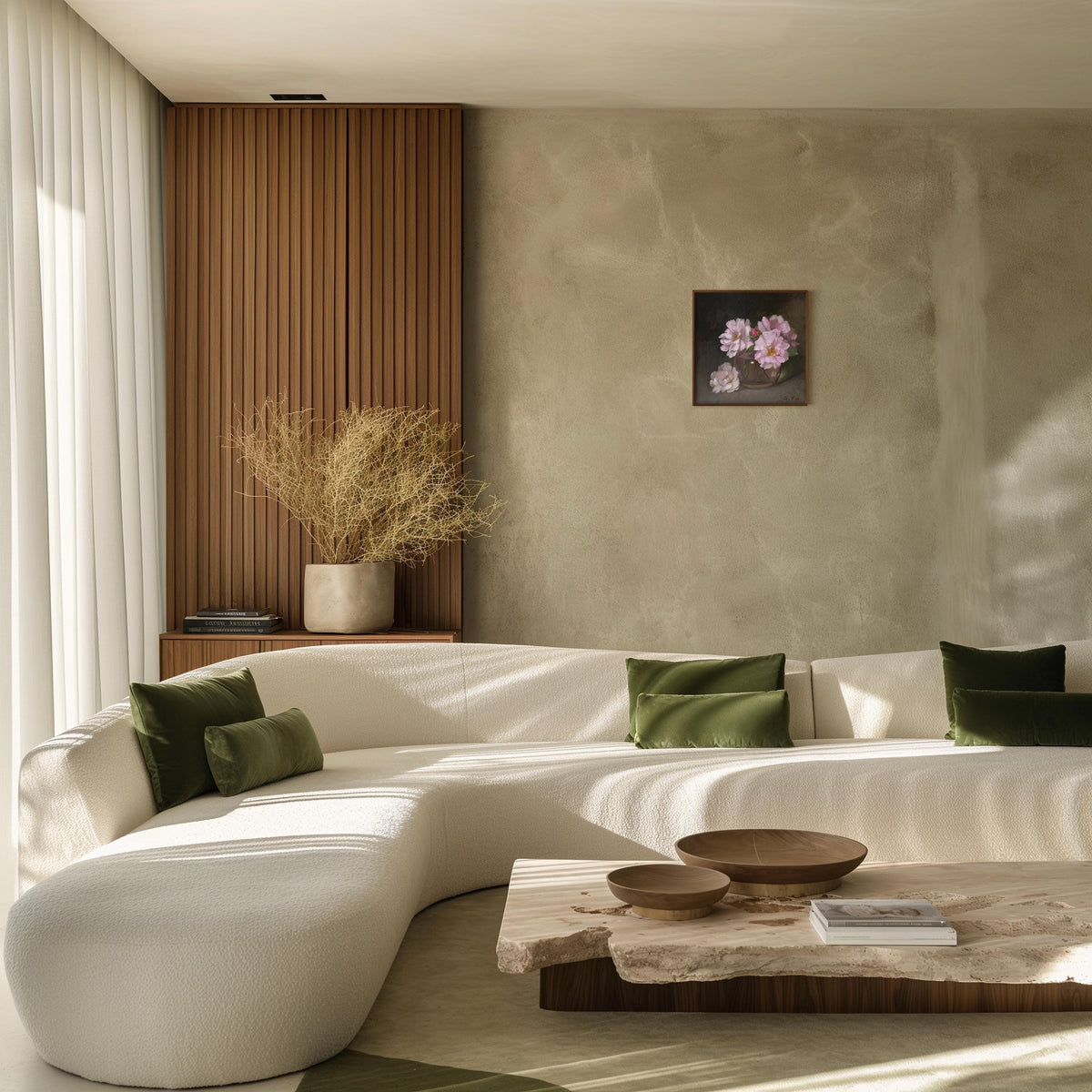 Mockup of the painting in a modern curved white sectional sofa in a sunlit contemporary living room, styled with olive green throw pillows, a marble coffee table, and a textured beige wall.