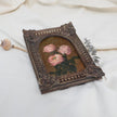 Original pink rose oil painting in arch gilt frame on cream linen, another side view