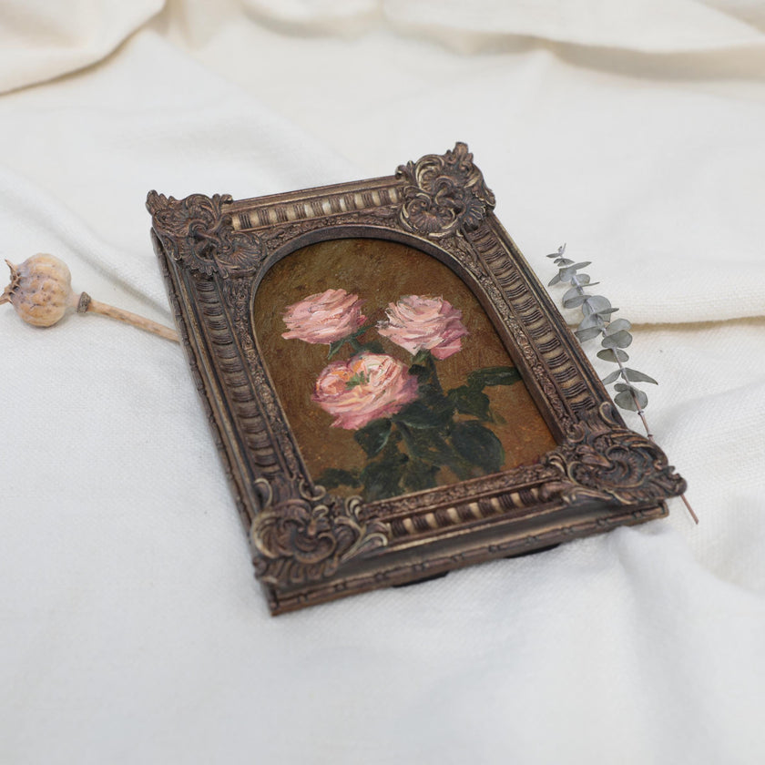 Original pink rose oil painting in arch gilt frame on cream linen, another side view