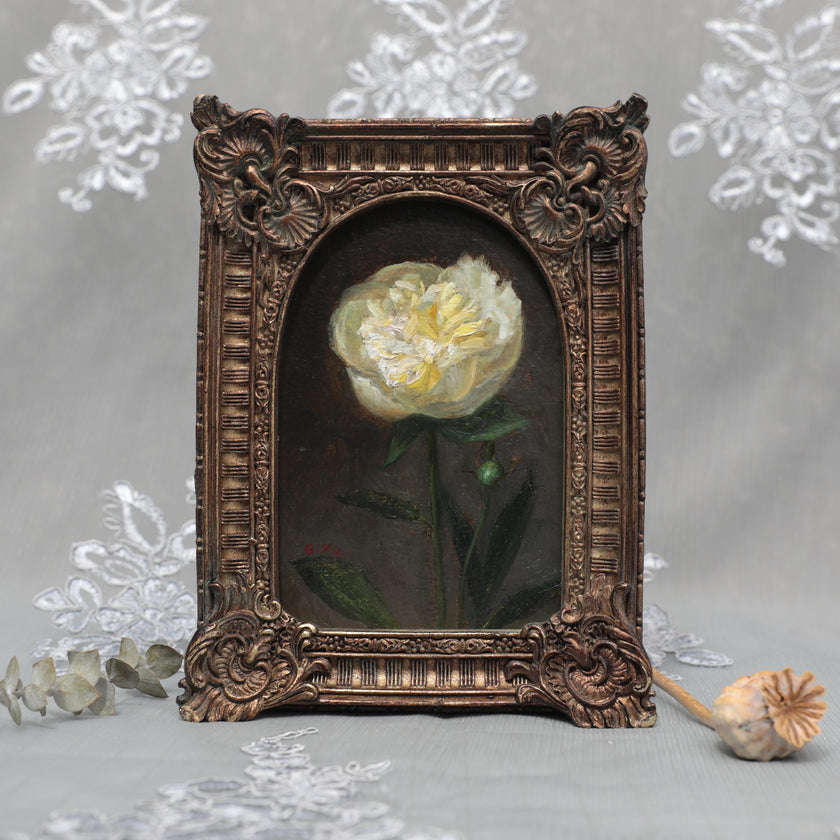 Bowl of Cream peony oil painting print in arch-top bronze frame