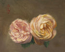 An impressionistic oil painting of two roses, one pale pink and one pale yellow, set against a textured dark brown background with green leaves.