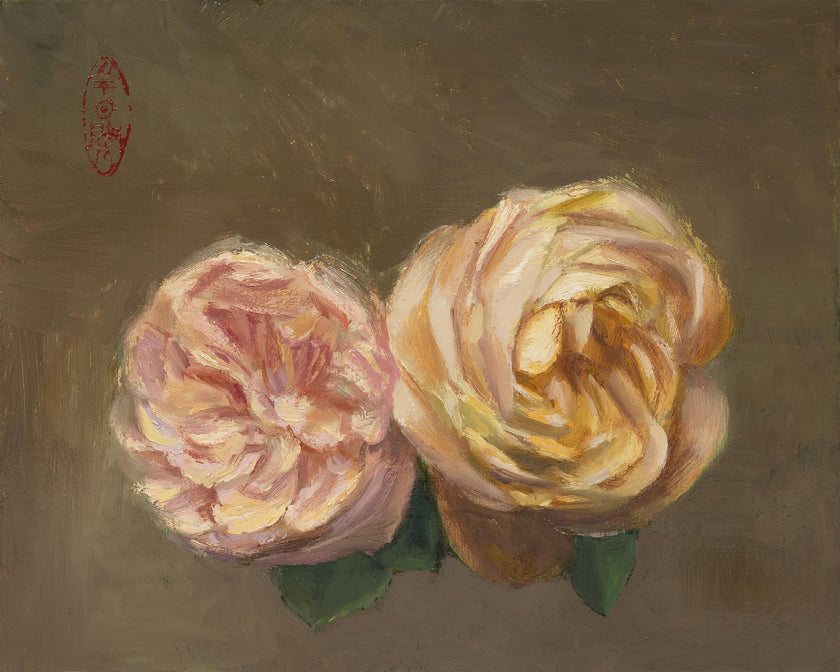 An impressionistic oil painting of two roses, one pale pink and one pale yellow, set against a textured dark brown background with green leaves.