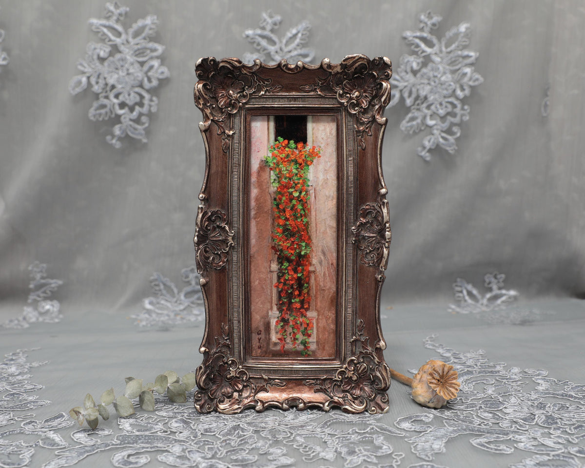 Long nasturtium vine painting print in bronze frame, standing