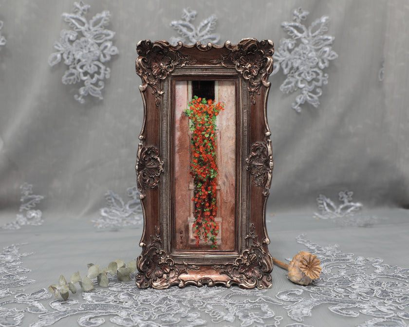Long nasturtium vine painting print in bronze frame, standing