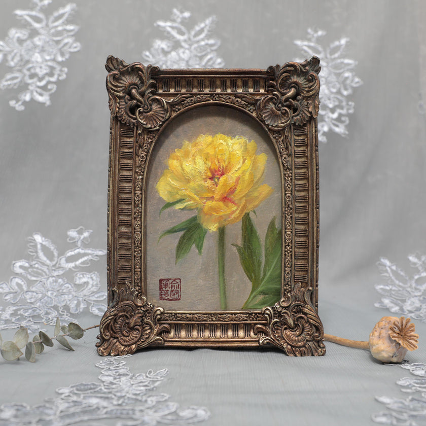 Bartzella peony art print in arch frame with dried poppy pod, standing