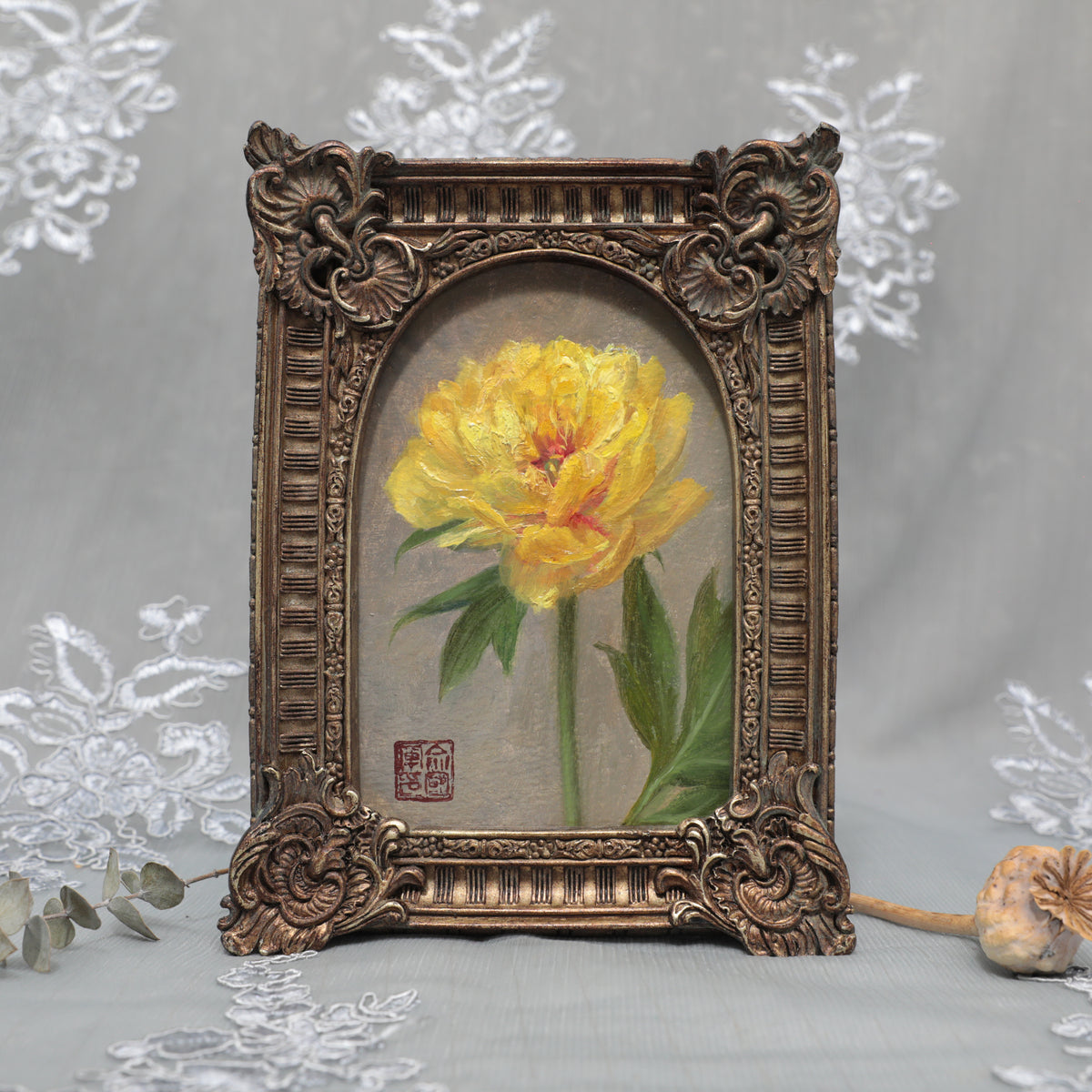 Bartzella peony oil painting print, yellow bloom in arch frame