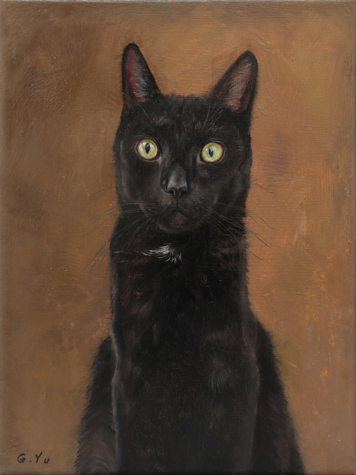 Custom oil painting of a black cat with green eyes against a warm amber background, signed by me the artist, G. Yu