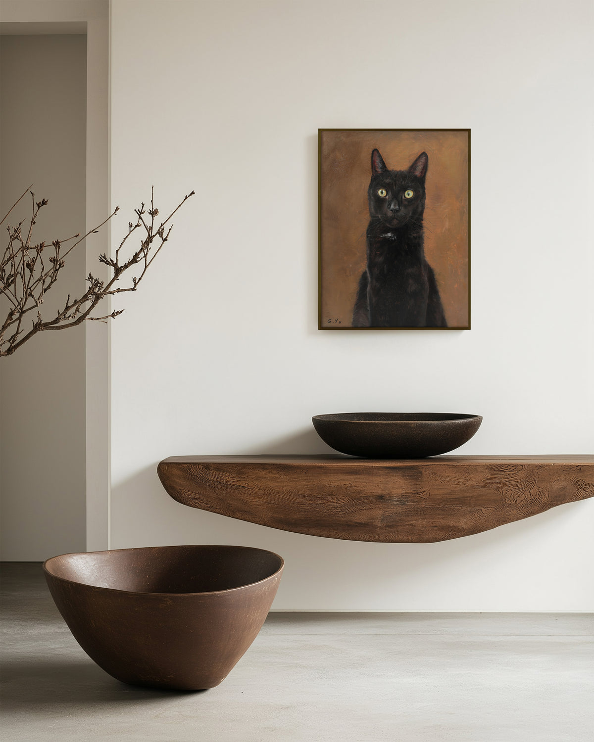 Framed custom black cat oil portrait displayed above a floating wood shelf with ceramic bowls
