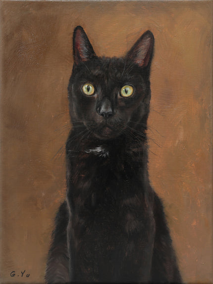 Custom oil painting of a black cat with green eyes against a warm amber background, signed by me the artist, G. Yu