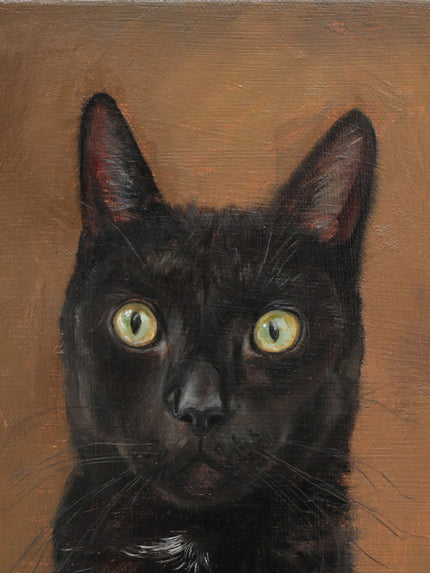 Close-up detail of a custom black cat oil painting, showing the textured brushwork on the face and green eyes