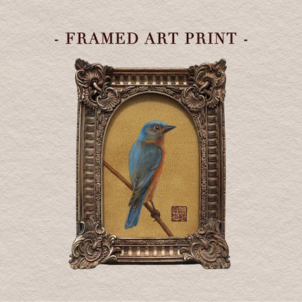 Framed bluebird art print with arch frame on beige background