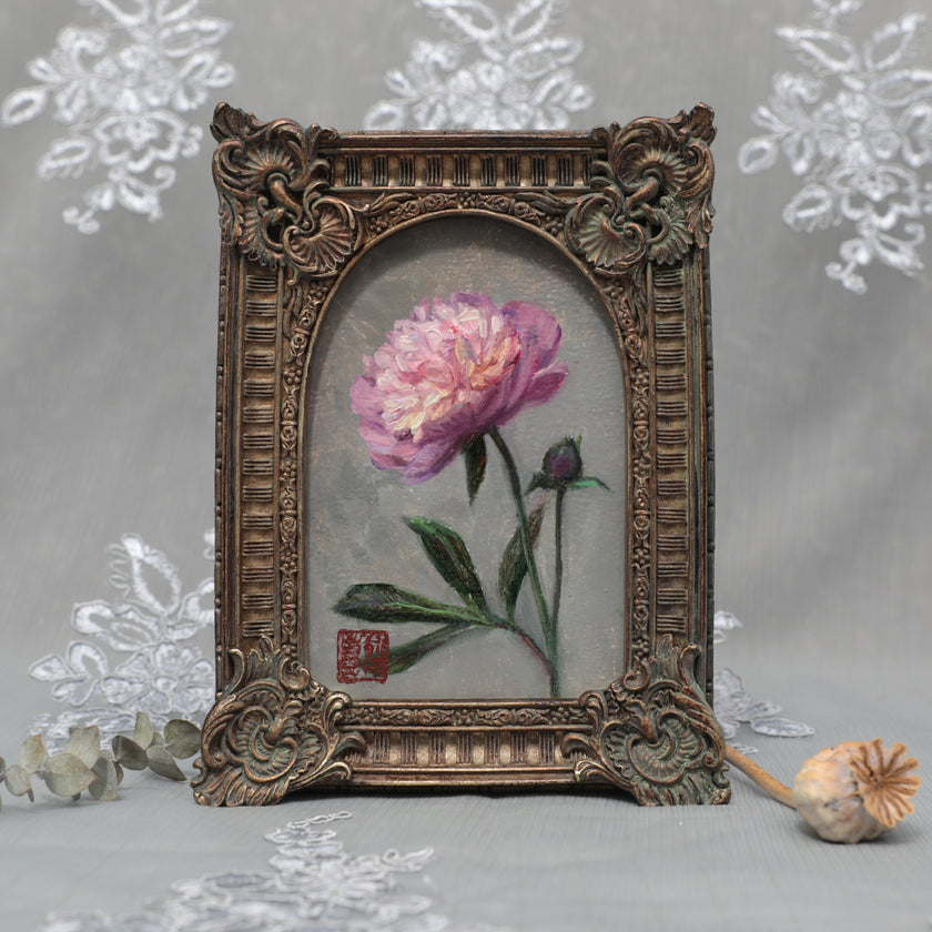 Bowl of Beauty peony painting print, pink bloom in arch frame