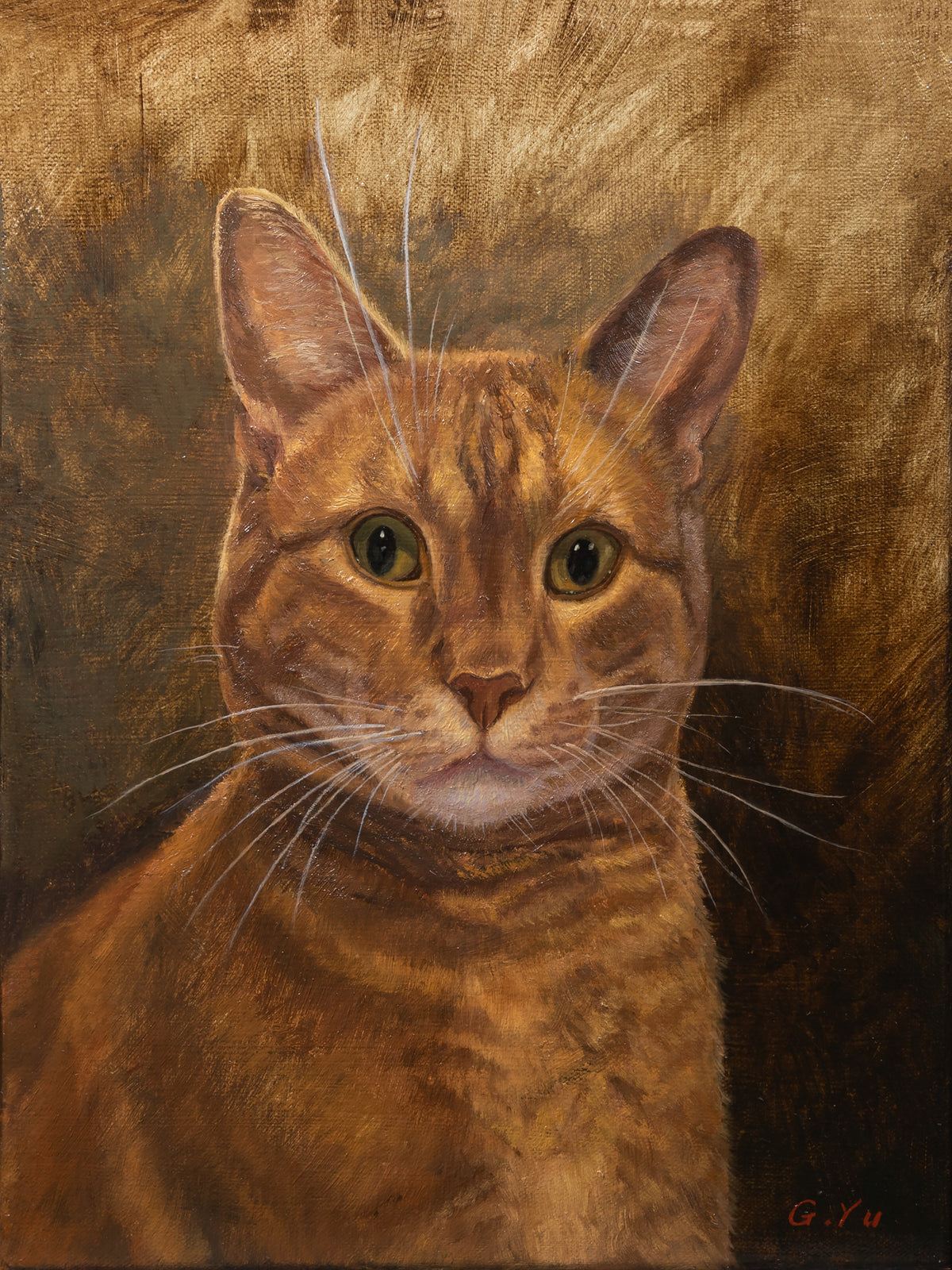 Original oil portrait of an orange tabby cat with green eyes against a textured brown and gold background.