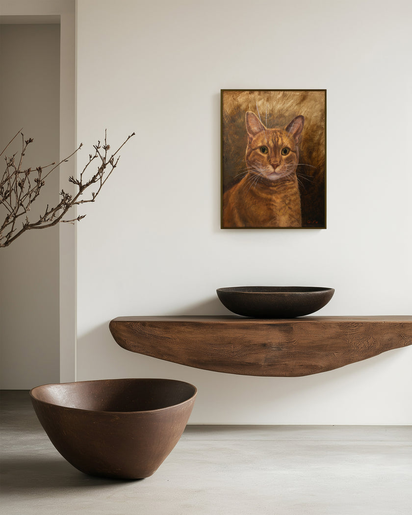 oil painting of an orange tabby cat with green eyes, detailed fur, and white whiskers, hanging in a cozy modern room. 