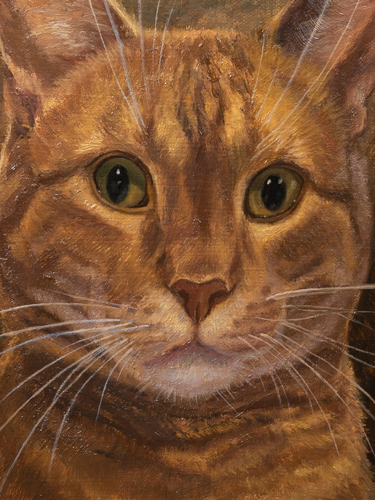 Close-up oil painting of an orange tabby cat with green eyes, detailed fur, and white whiskers.