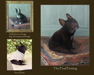 Collage showing how a custom pet portrait commission works — an Old Master-style reference painting, a client's photo of their French bulldog, and the finished oil painting recreating the pose and setting
