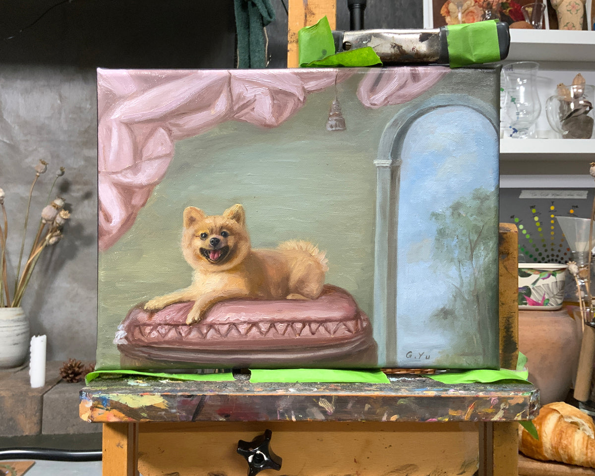 A canvas painting of a fluffy tan dog lying on a pink cushion in an interior scene, another dog portrait painting in an old master art.