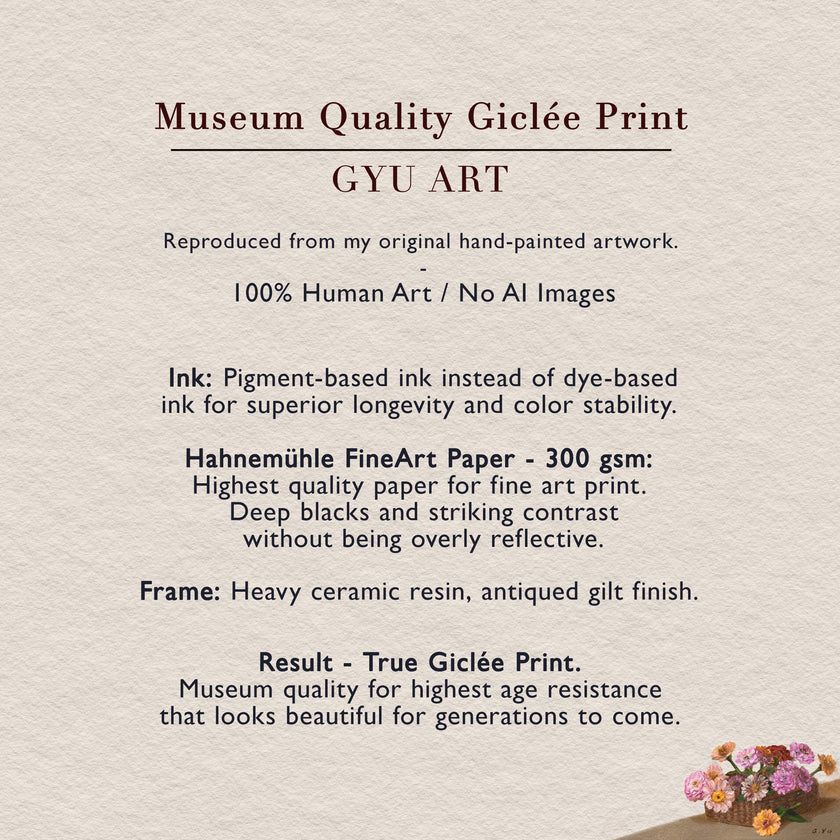 info graphic: Product details: archival pigment ink, Hahnemühle fine art paper, hand-cast resin frame, museum-quality giclée print
