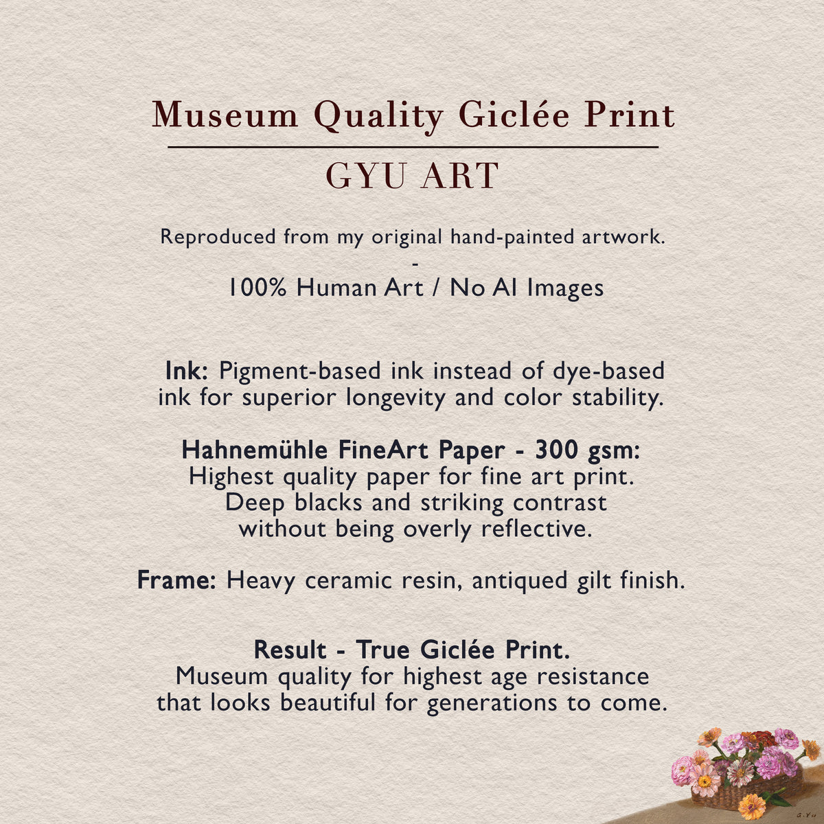 info graphic: Product details: archival pigment ink, Hahnemühle fine art paper, hand-cast resin frame, museum-quality giclée print