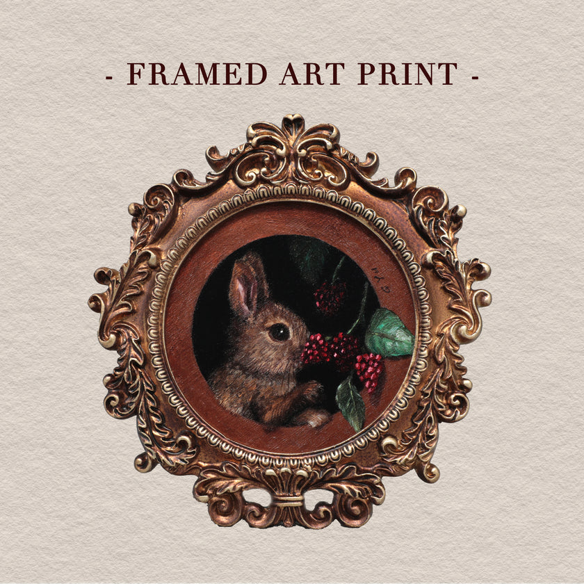 Framed bunny art print on beige background with title text overlay