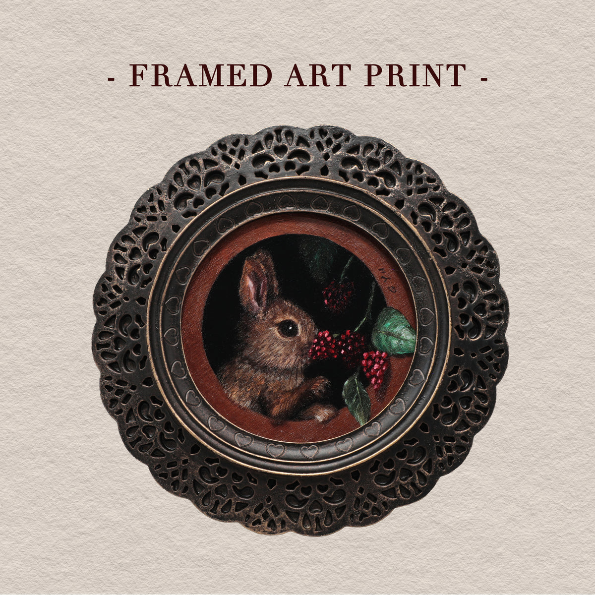 Framed bunny art print on beige background with title text overlay