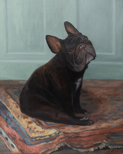 Custom oil painting of a black French bulldog sitting on a patterned rug against a soft teal wall, 16x20 inch