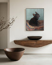 Framed French bulldog oil portrait displayed above a floating wood shelf with ceramic bowls