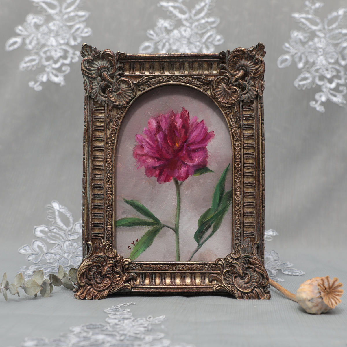 Karl Rosenfield peony painting print, magenta bloom in arch frame