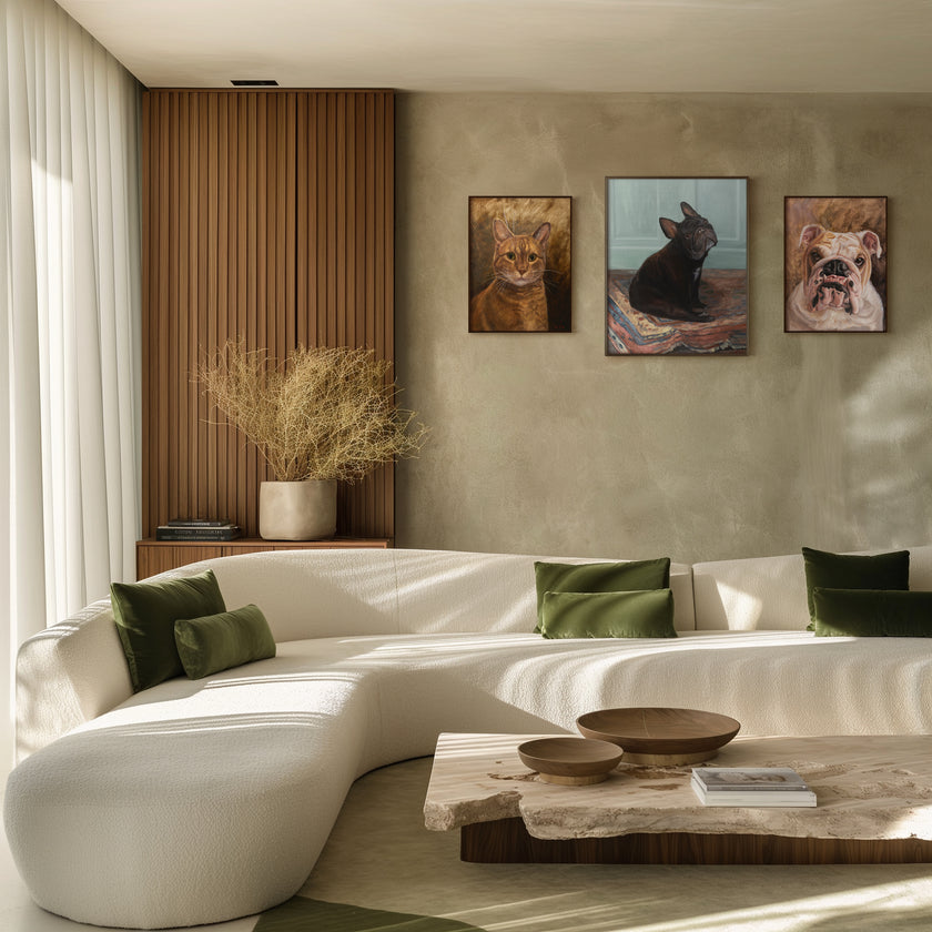 Living room gallery wall with three framed custom pet portrait oil paintings of a cat, a French bulldog, and a bulldog
