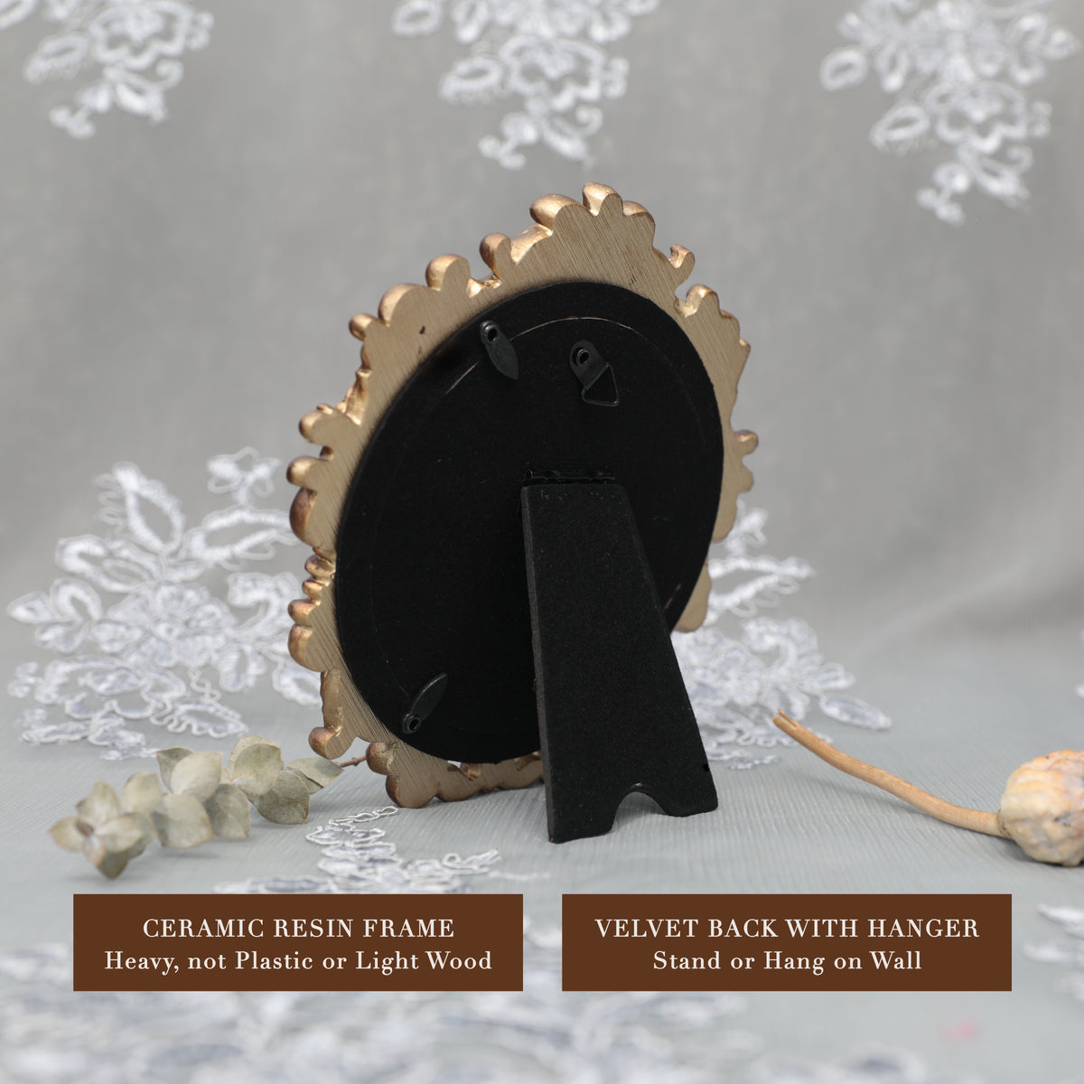 Back of frame showing hanging hardware and velvet-lined stand