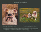 Two custom oil paintings of English bulldogs, a close-up portrait and two bulldogs playing in grass, 12x16 inch each