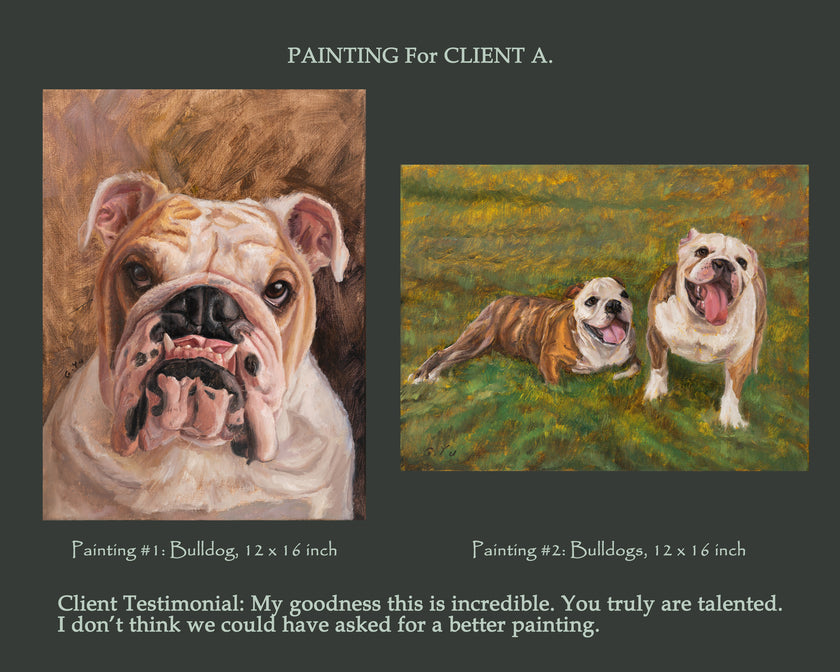 Two custom oil paintings of English bulldogs, a close-up portrait and two bulldogs playing in grass, 12x16 inch each