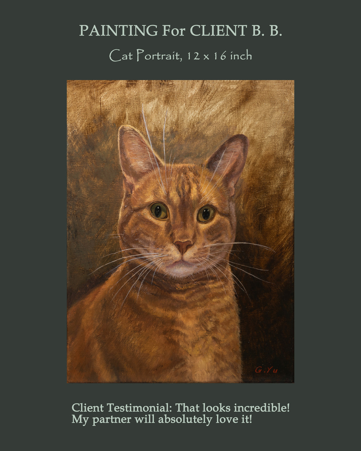 Custom oil painting of an orange tabby cat, 12x16 inch pet portrait commission with client testimonial