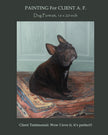 Custom oil painting of a black French bulldog sitting on a patterned rug, 16x20 inch pet portrait