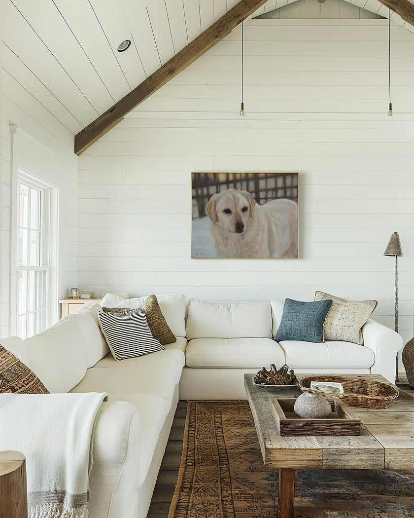 Original oil painting of a retriever dog hanging on a white shiplap wall in a bright, modern living room with a white sectional sofa, wooden ceiling beams, and a rustic coffee table.