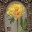 Close up of Bartzella peony art print in arch frame with dried poppy pod, standing