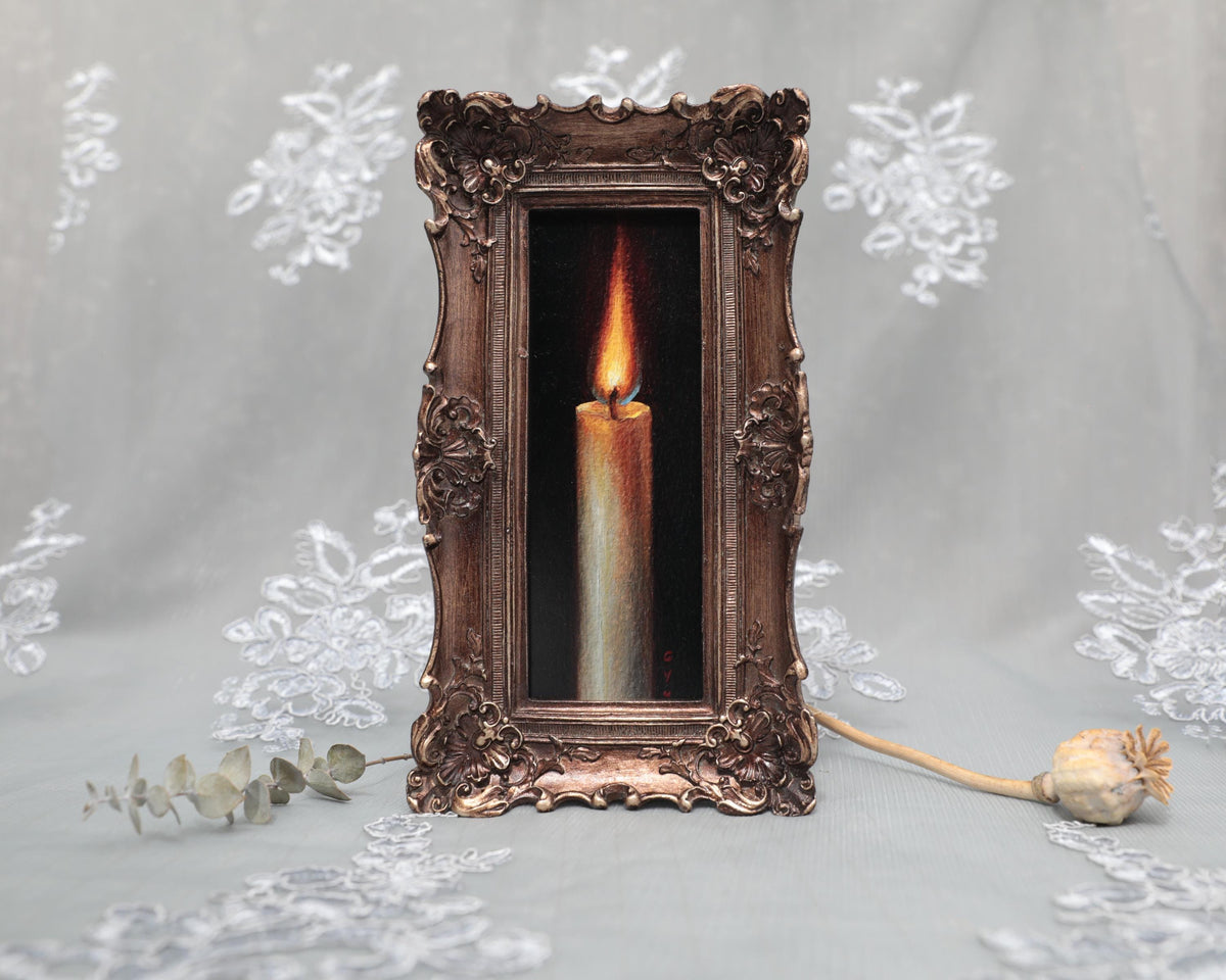 Candle flame still life painting print in long narrow bronze frame, standing