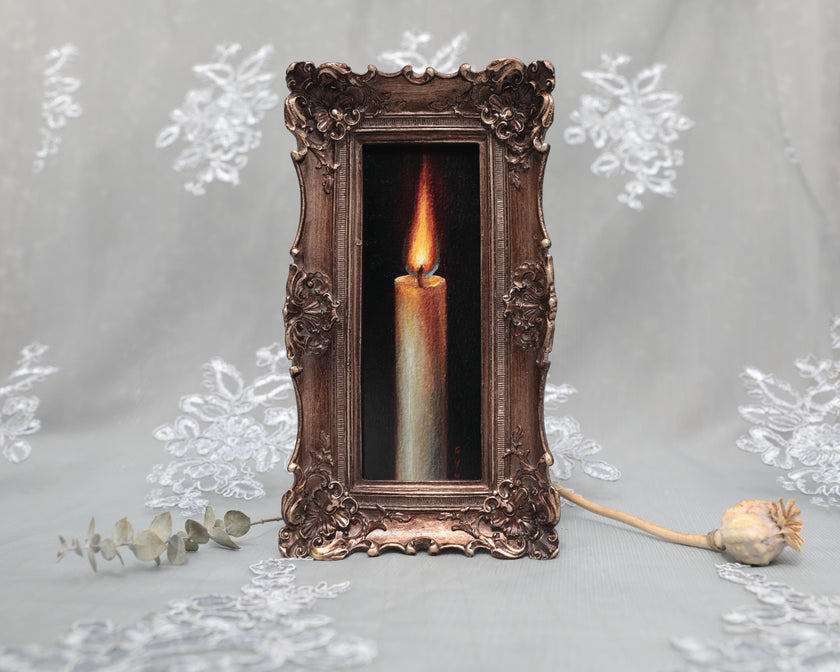 Candle flame still life painting print in long narrow bronze frame, standing