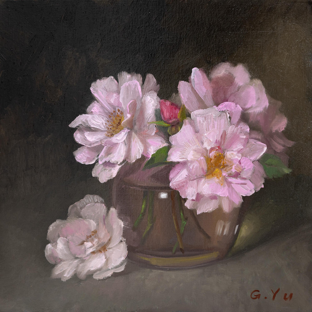 A still life painting of light pink flowers in a glass vase, rendered in soft brushstrokes with a dark, moody background.