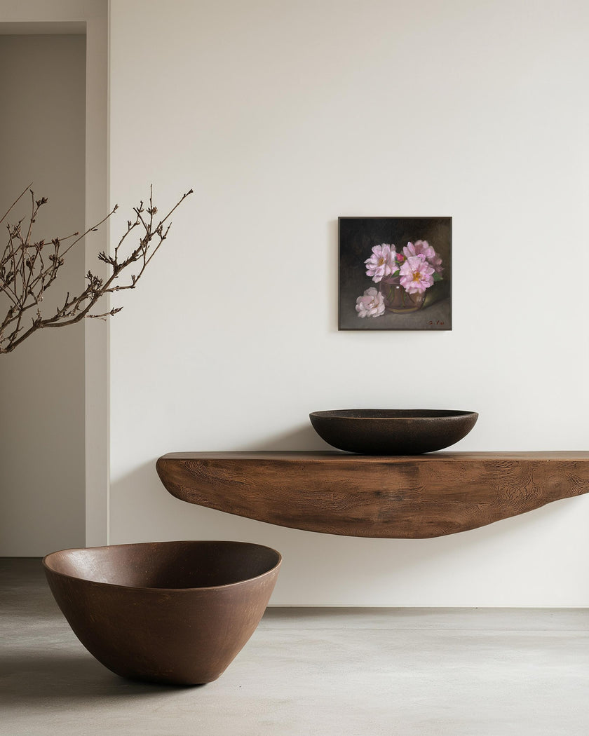 Mock up of this pink roses in a vase painting in a modern room.  